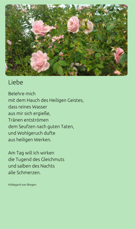 Liebe Belehre mich mit dem Hauch des Heiligen Geistes, dass reines Wasser aus mir sich ergieße, Tränen entströmen dem Seufzen nach guten Taten, und Wohlgeruch dufte aus heiligen Werken.  Am Tag will ich wirken die Tugend des Gleichmuts und salben des Nachts alle Schmerzen.  Hildegard von Bingen